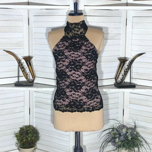 Vintage Y2K Speechless Halter Top High Neck Stretchy Sheer Lace Black Pink Sz S - Picture 5 of 13